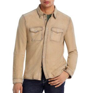 John Varvatos Men's Lionelle Distressed Goatskin Snap Front Shirt Jacket Camel